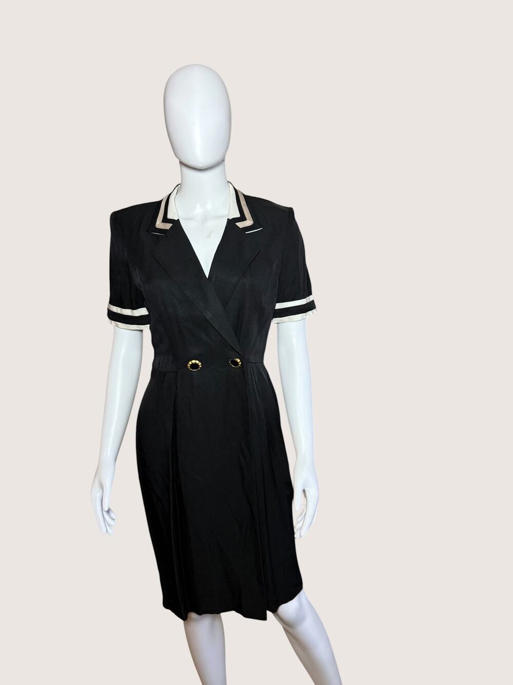 1980s Casual Corner Petite Black Blazer Dress Nautical Gold Buttons